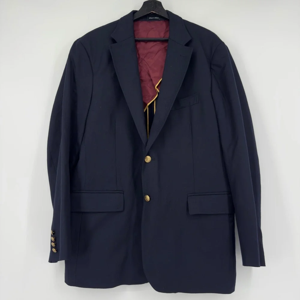 J.Crew Mens Navy Blue Wool Blazer Gold Anchor Buttons Sport Coat 44R Preppy